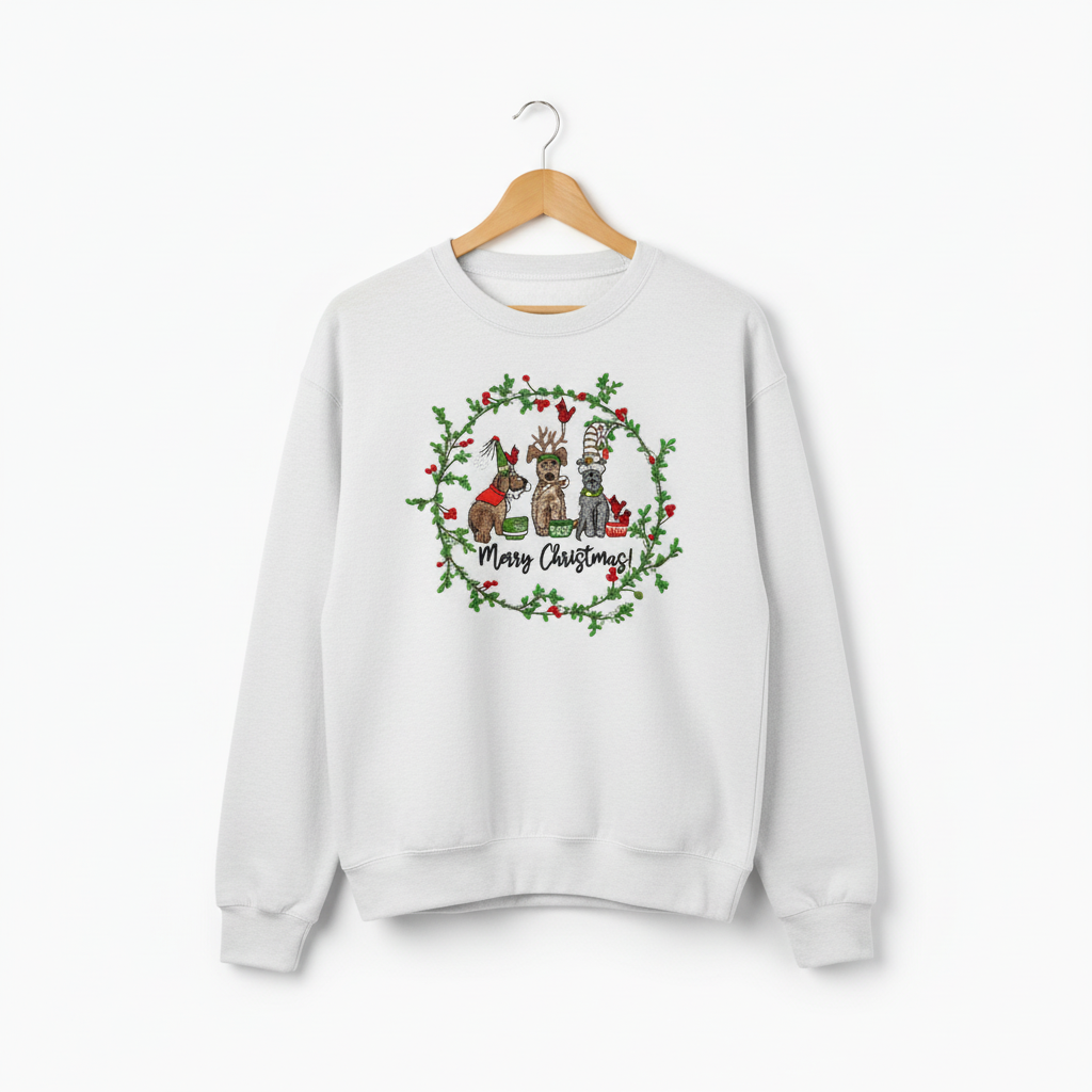 Puppy Parade "Merry Christmas!" — Premium Embroidered Collection | Hoodie • Sweatshirt • Jute Tote | Original EmbroMania Design
