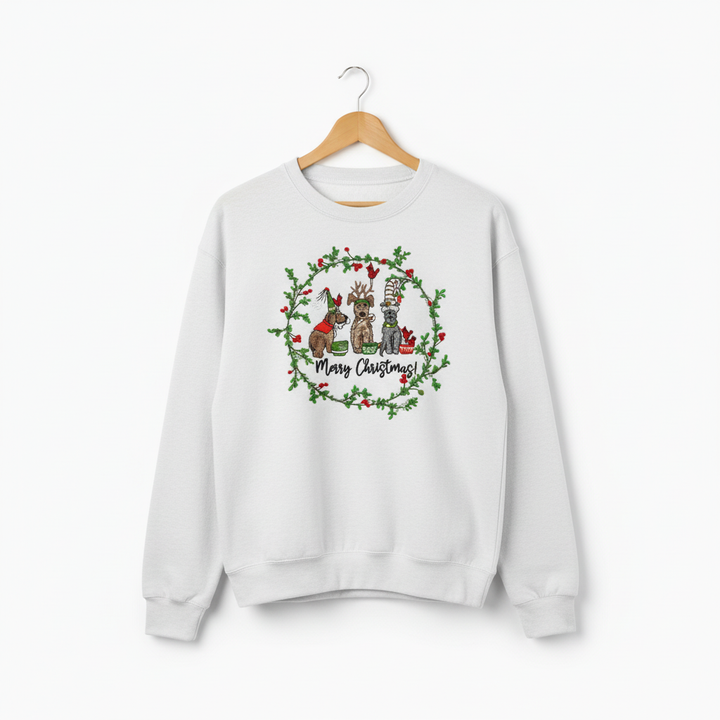 Puppy Parade "Merry Christmas!" — Premium Embroidered Collection | Hoodie • Sweatshirt • Jute Tote | Original EmbroMania Design