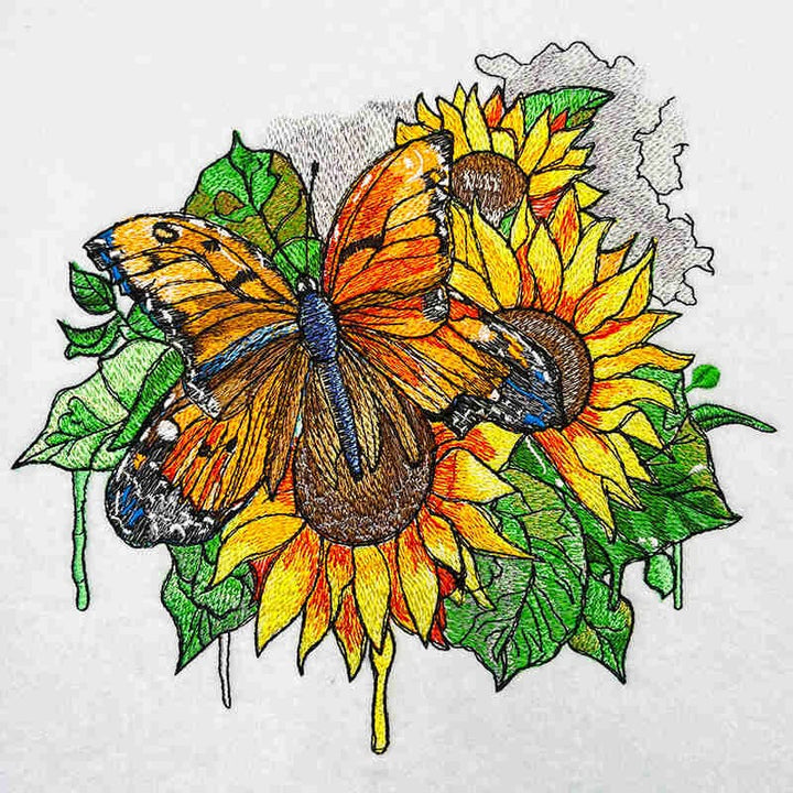 Butterfly on a sunflower with green leaves on a textured white background