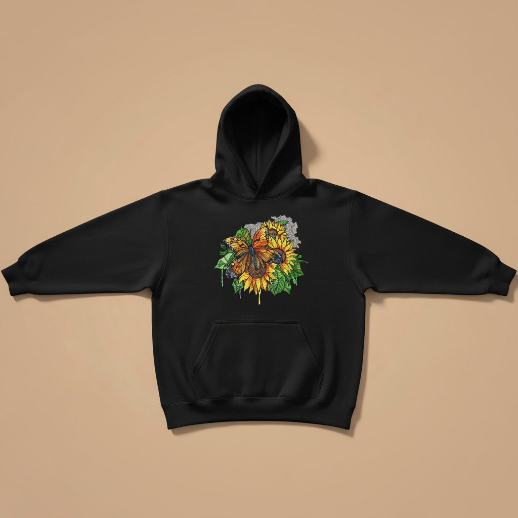 Radiant Sunflower Butterfly — Premium Embroidered Hoodie | Original EmbroMania Design