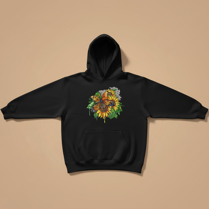 Radiant Sunflower Butterfly — Premium Embroidered Hoodie | Original EmbroMania Design