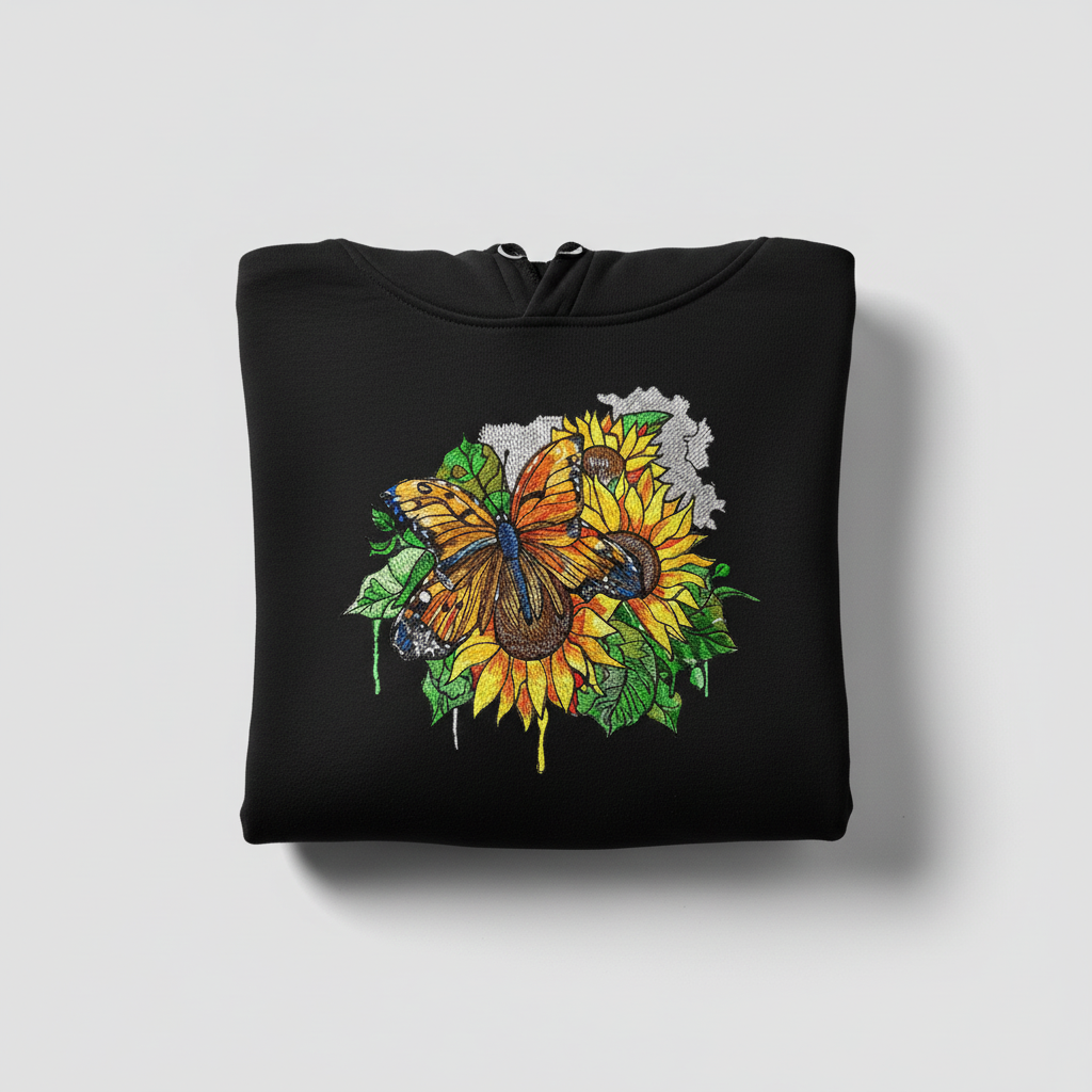 Radiant Sunflower Butterfly — Premium Embroidered Hoodie | Original EmbroMania Design