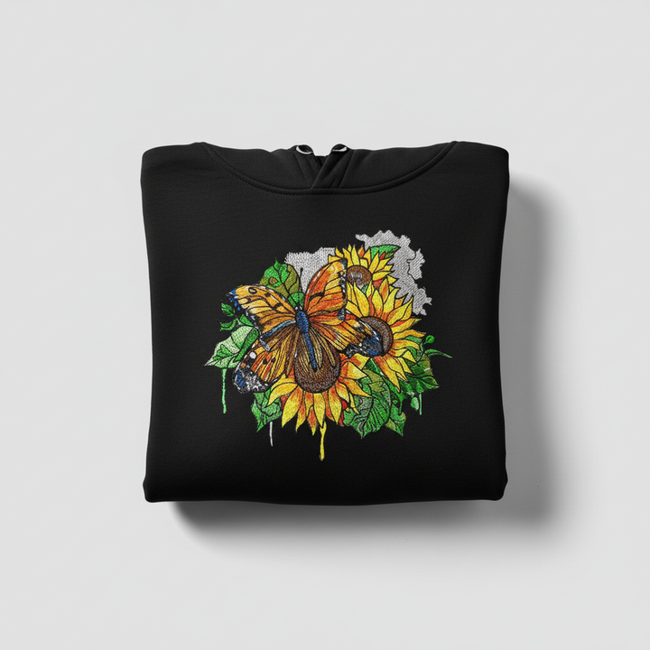 Radiant Sunflower Butterfly — Premium Embroidered Hoodie | Original EmbroMania Design