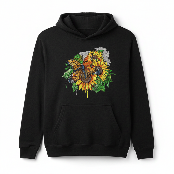 Radiant Sunflower Butterfly — Premium Embroidered Hoodie | Original EmbroMania Design