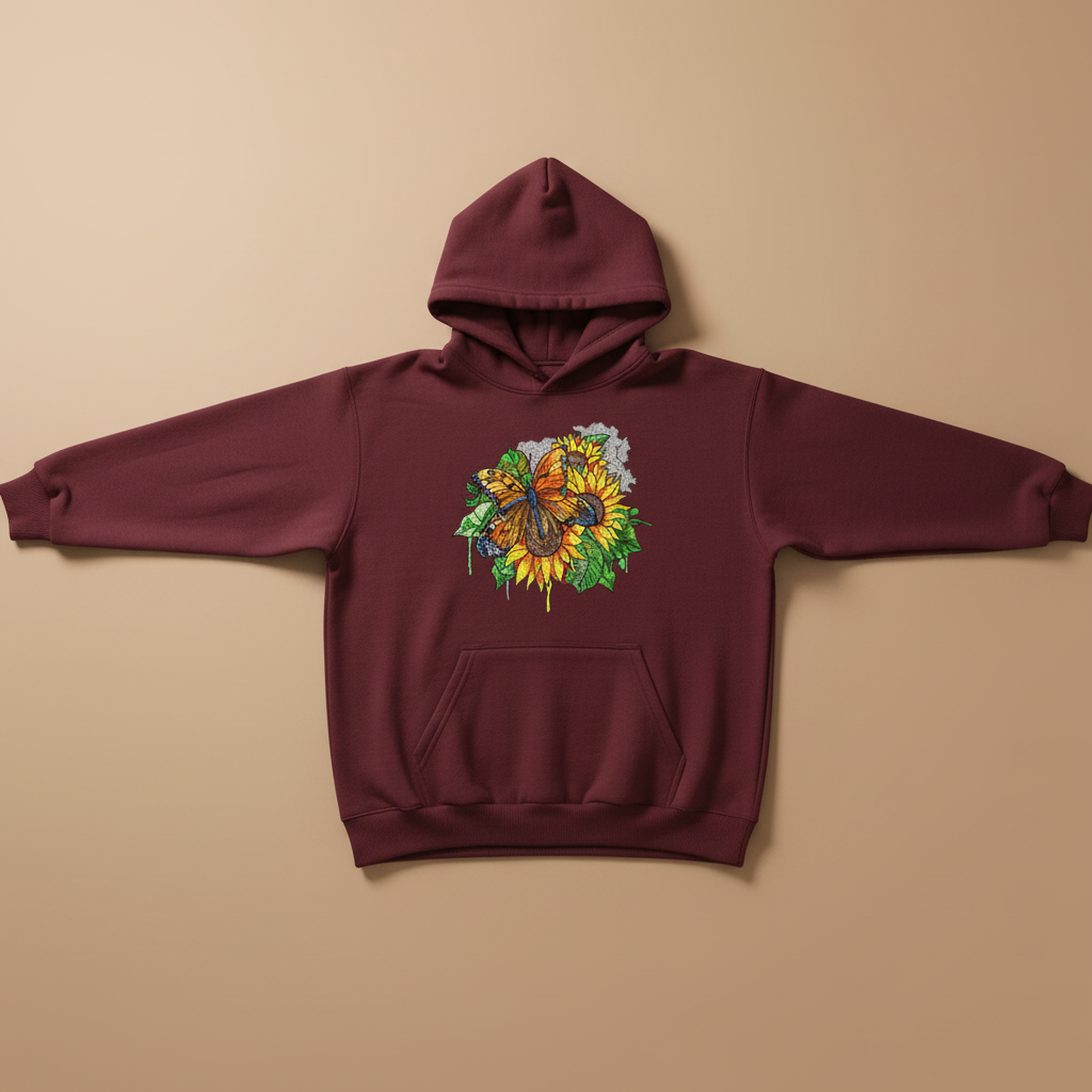 Radiant Sunflower Butterfly — Premium Embroidered Hoodie | Original EmbroMania Design