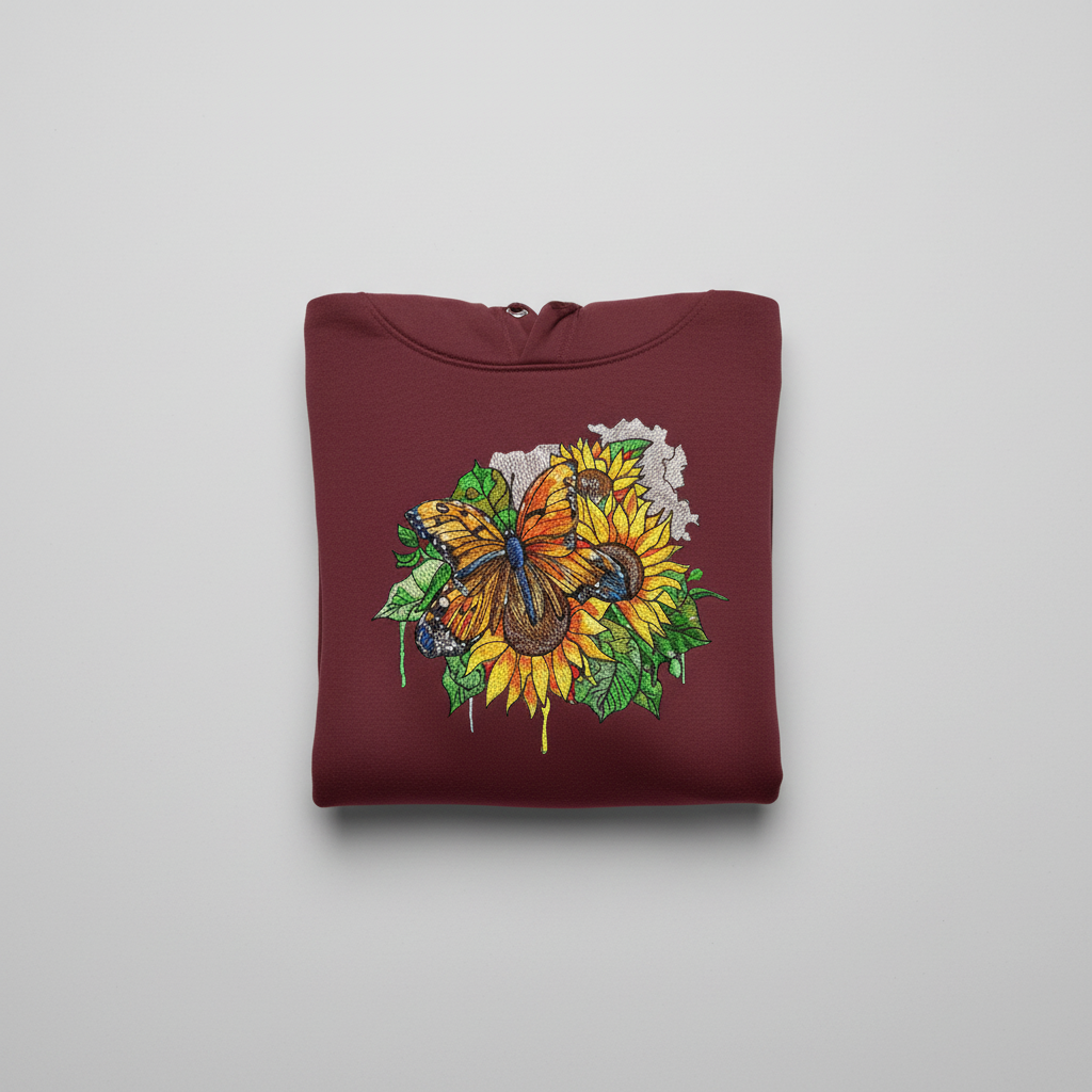 Radiant Sunflower Butterfly — Premium Embroidered Hoodie | Original EmbroMania Design