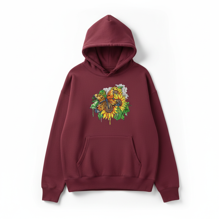 Radiant Sunflower Butterfly — Premium Embroidered Hoodie | Original EmbroMania Design