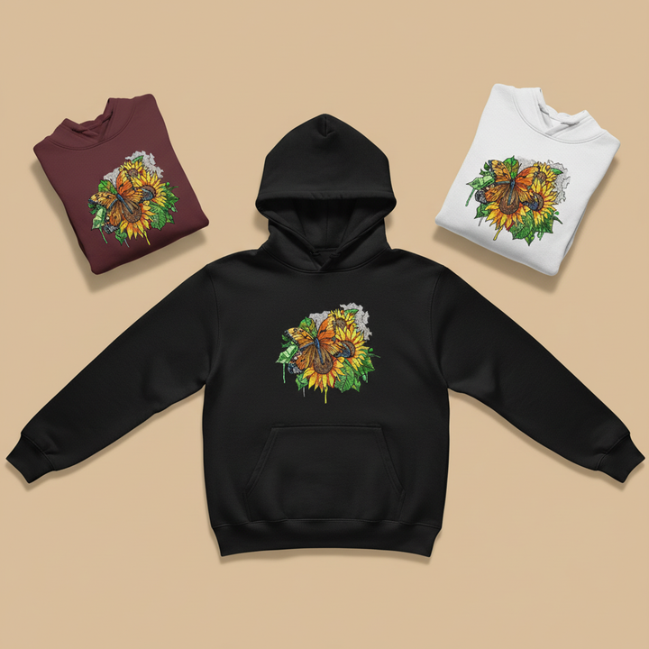 Radiant Sunflower Butterfly — Premium Embroidered Hoodie | Original EmbroMania Design