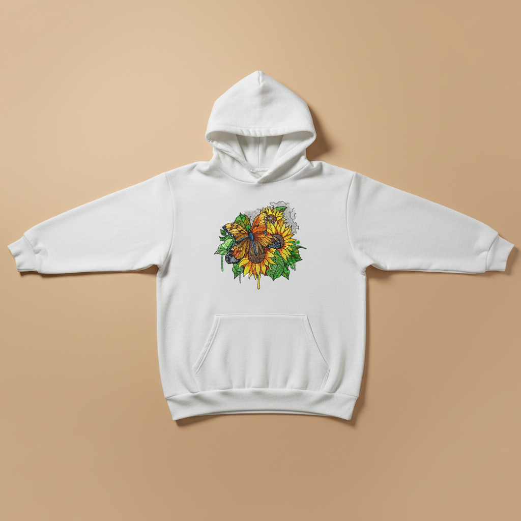 Radiant Sunflower Butterfly — Premium Embroidered Hoodie | Original EmbroMania Design