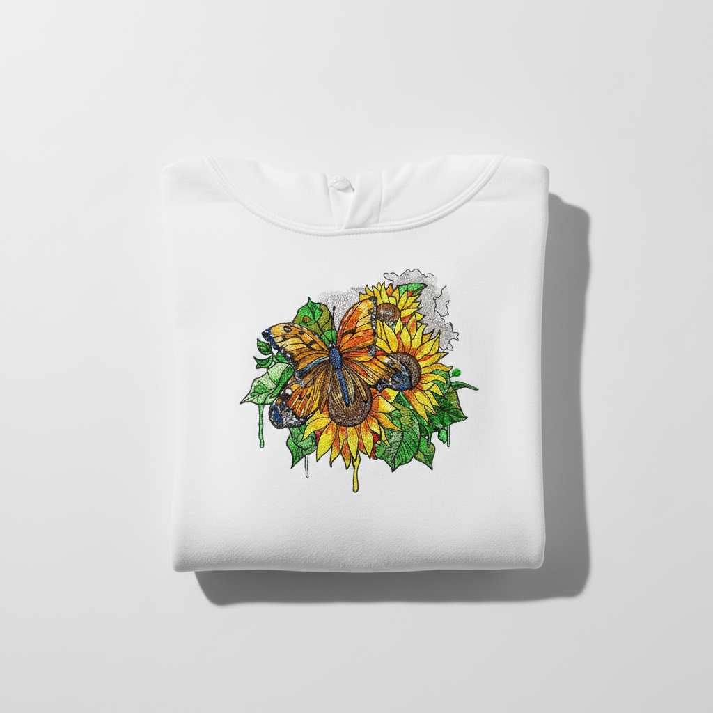 Radiant Sunflower Butterfly — Premium Embroidered Hoodie | Original EmbroMania Design