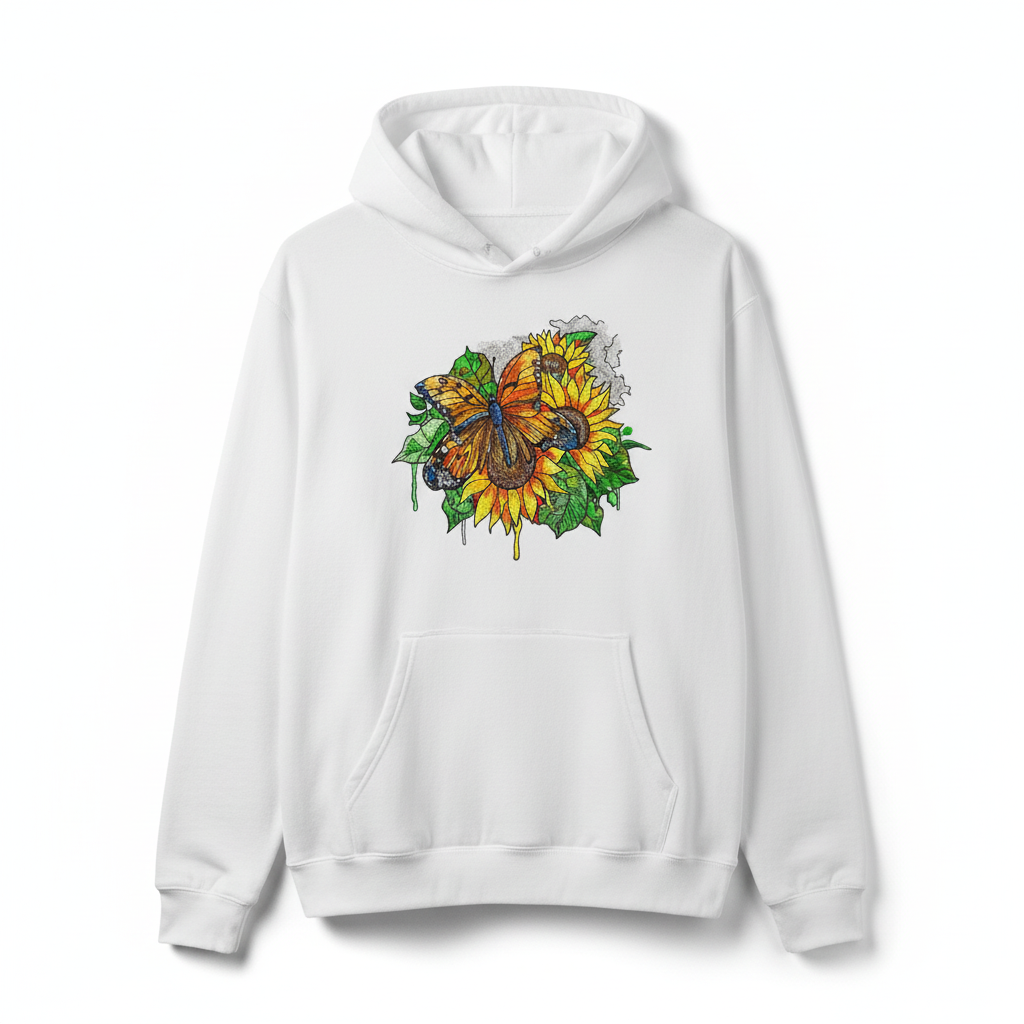 Radiant Sunflower Butterfly — Premium Embroidered Hoodie | Original EmbroMania Design