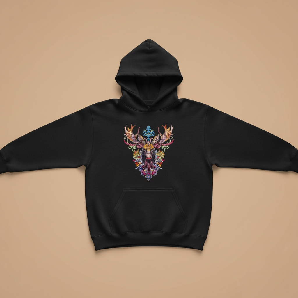 Radiant Tribal Moose — Premium Embroidered Hoodie | Original EmbroMania Design