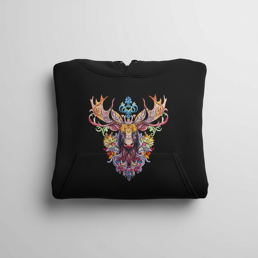 Radiant Tribal Moose — Premium Embroidered Hoodie | Original EmbroMania Design