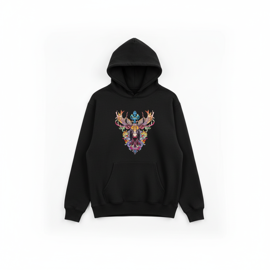 Radiant Tribal Moose — Premium Embroidered Hoodie | Original EmbroMania Design