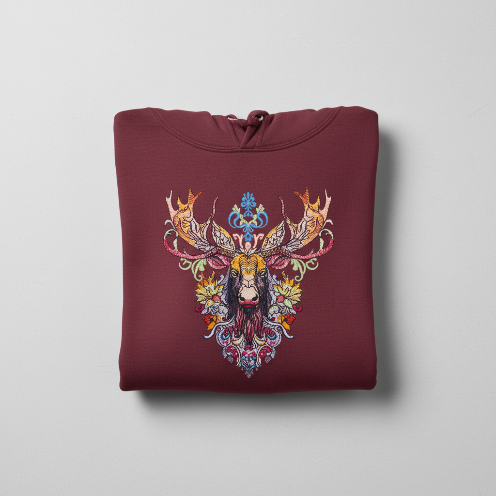 Radiant Tribal Moose — Premium Embroidered Hoodie | Original EmbroMania Design