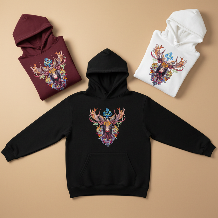 Radiant Tribal Moose — Premium Embroidered Hoodie | Original EmbroMania Design
