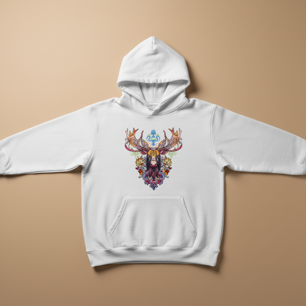 Radiant Tribal Moose — Premium Embroidered Hoodie | Original EmbroMania Design