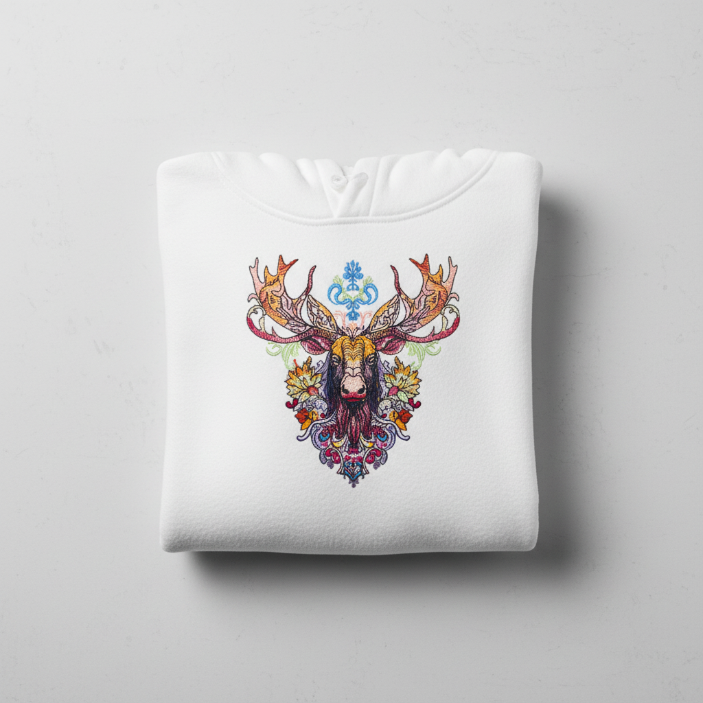 Radiant Tribal Moose — Premium Embroidered Hoodie | Original EmbroMania Design