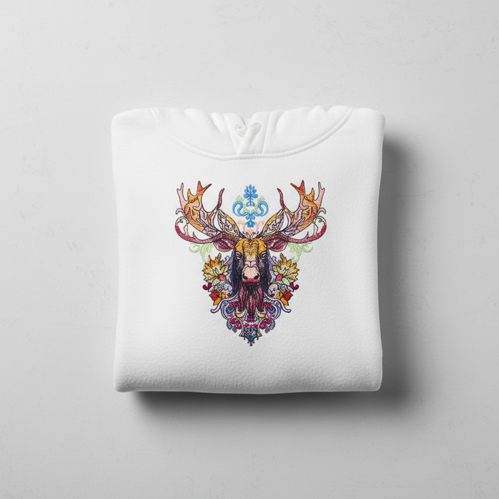 Radiant Tribal Moose — Premium Embroidered Hoodie | Original EmbroMania Design