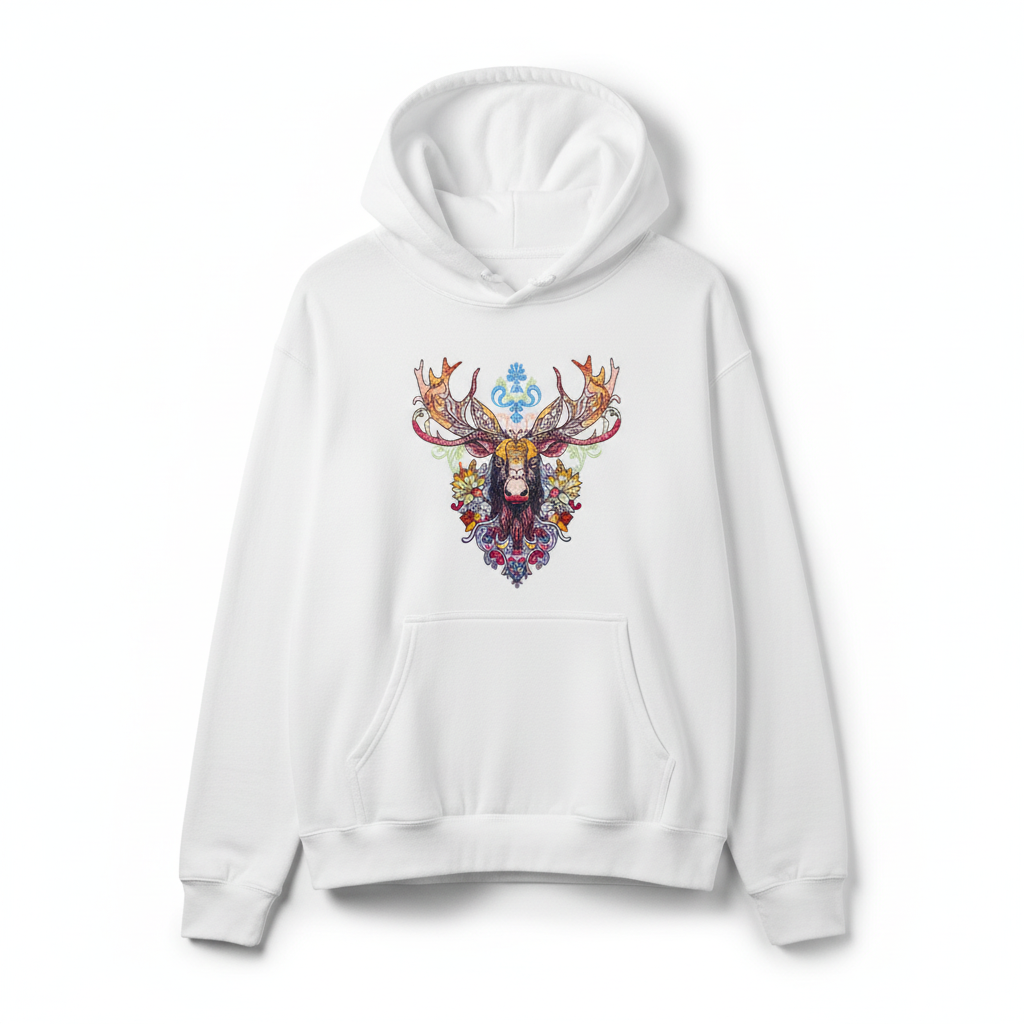 Radiant Tribal Moose — Premium Embroidered Hoodie | Original EmbroMania Design