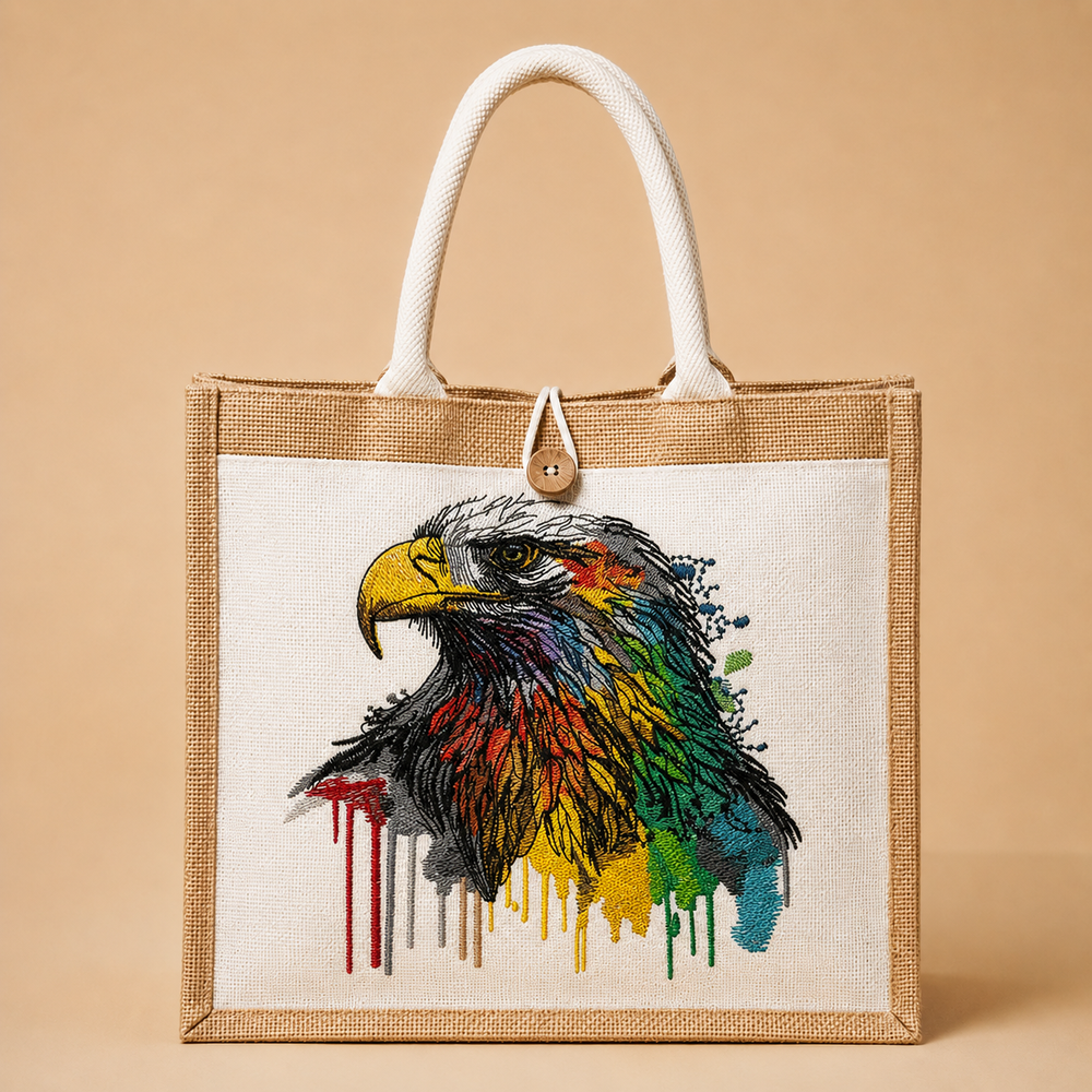 Tote bag with a colorful eagle design on a beige background