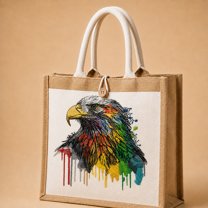 Jute bag with a colorful eagle design on a beige background
