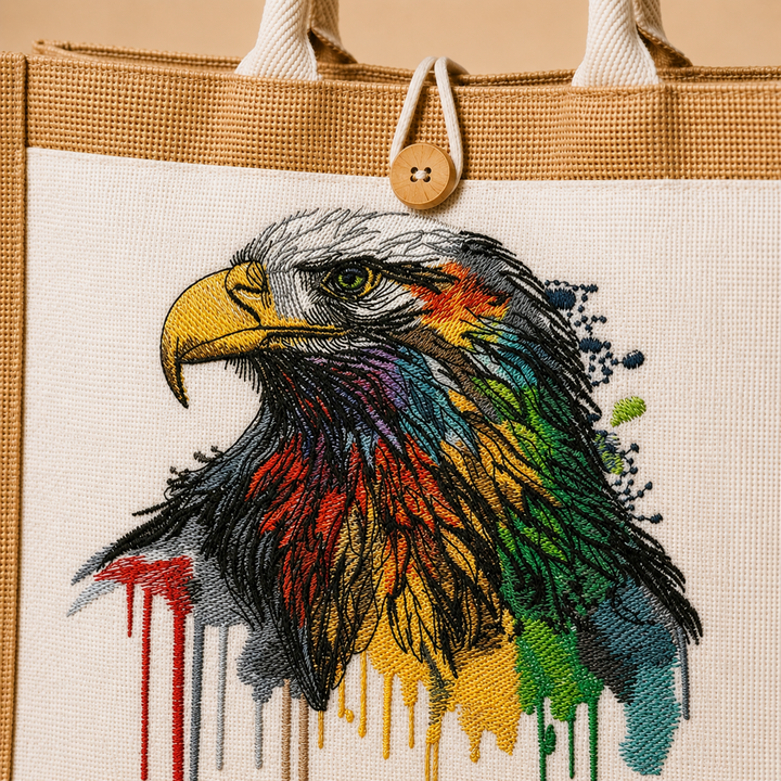 Tote bag with a colorful embroidered eagle design on a beige background