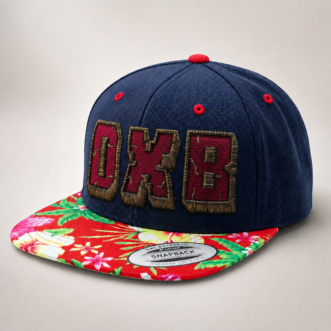Navy blue snapback cap with red and gold &