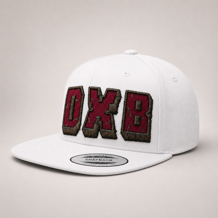 White snapback cap with red and brown &