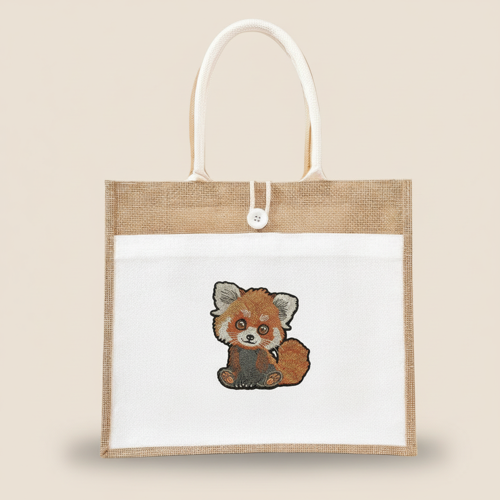 Tote bag with a red panda design on a beige background