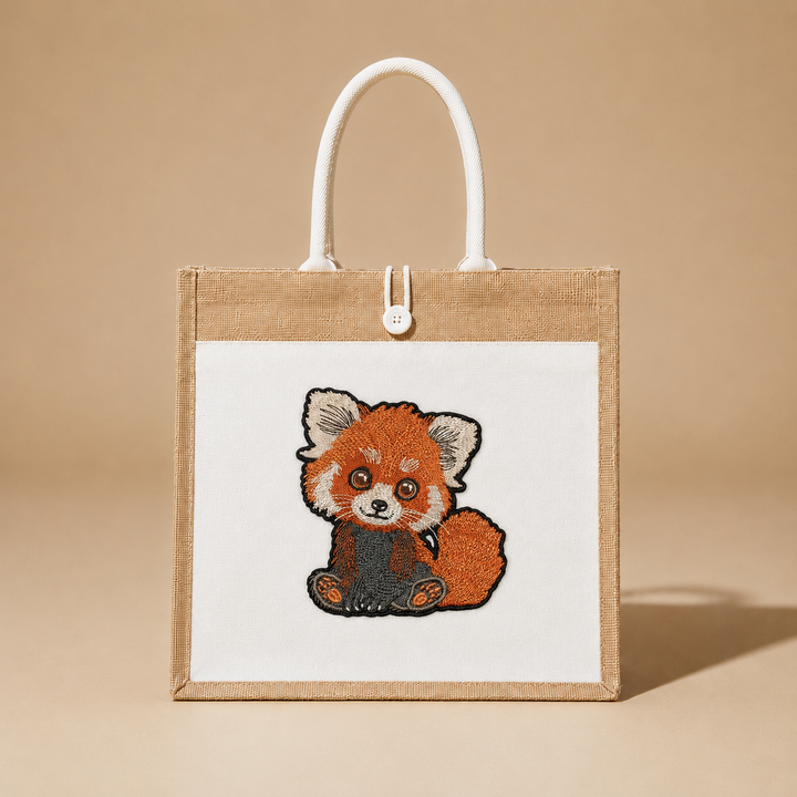 Tote bag with a red panda design on a beige background