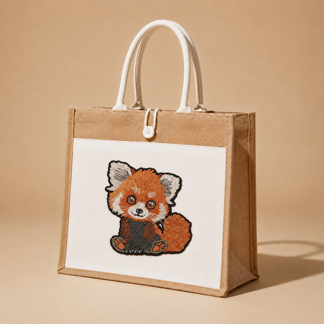 Jute bag with a red panda design on a beige background