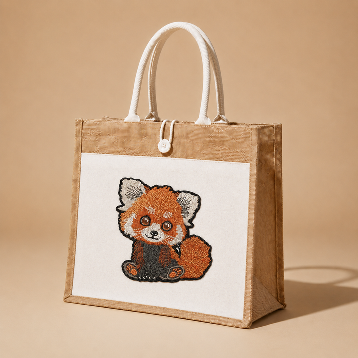 Jute bag with a red panda design on a beige background