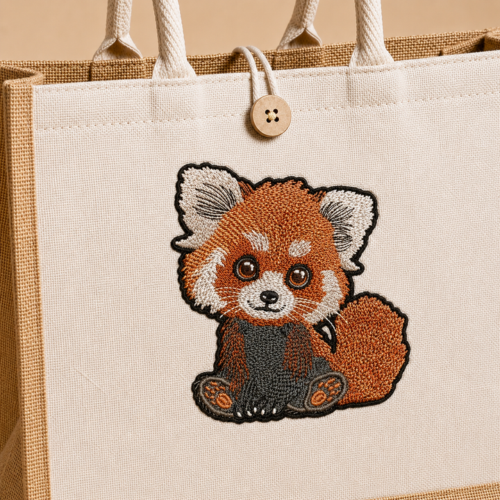 Tote bag with a red panda patch on a beige background