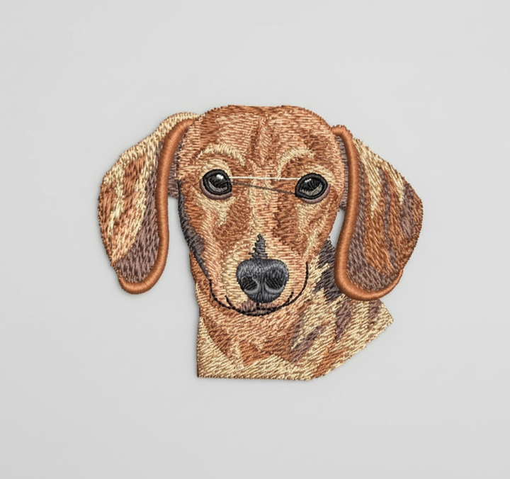 Realistic red smooth dachshund embroidery patch featuring a detailed dog face with long floppy ears and warm reddish-brown fur shading, stitched with textured thread on a light background, original EmbroMania artwork.