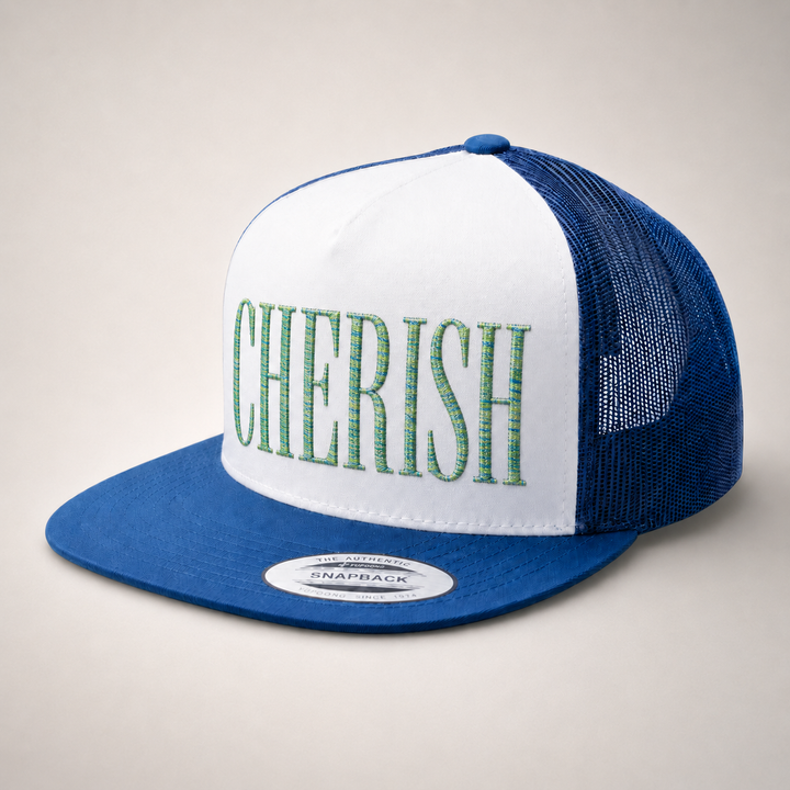 Blue and white trucker cap with &
