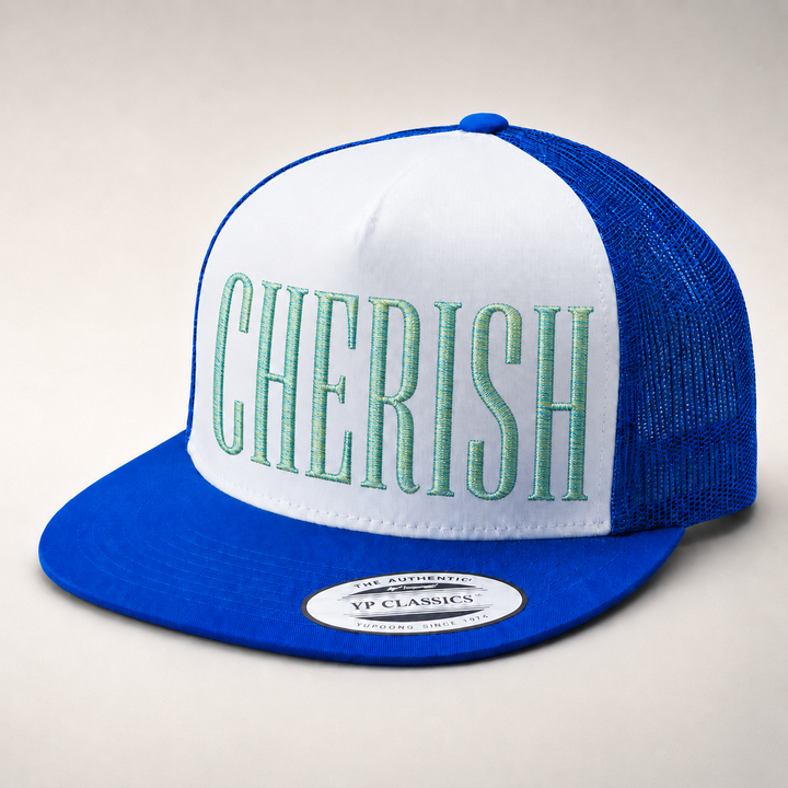 Blue and white cap with &