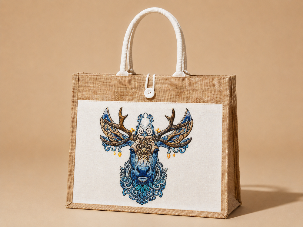Jute bag with a decorative moose design on a beige background