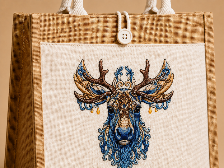 Brown tote bag with embroidered deer head design on a beige background
