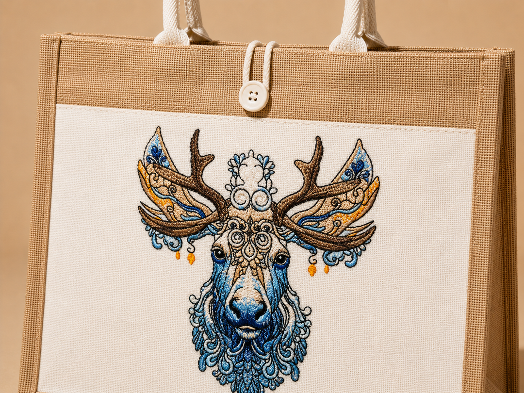 Brown tote bag with a decorative deer head design on a beige background