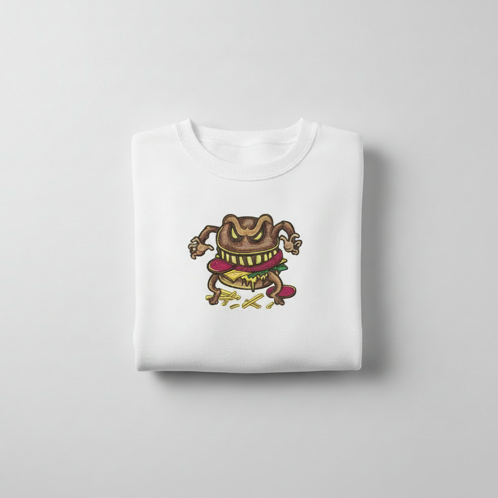 Funky Foodie Cursed Burger Monster — Premium Embroidered Sweatshirt | Original EmbroMania Design
