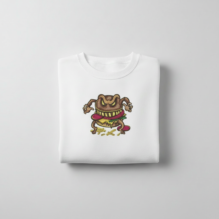 Funky Foodie Cursed Burger Monster — Premium Embroidered Sweatshirt | Original EmbroMania Design