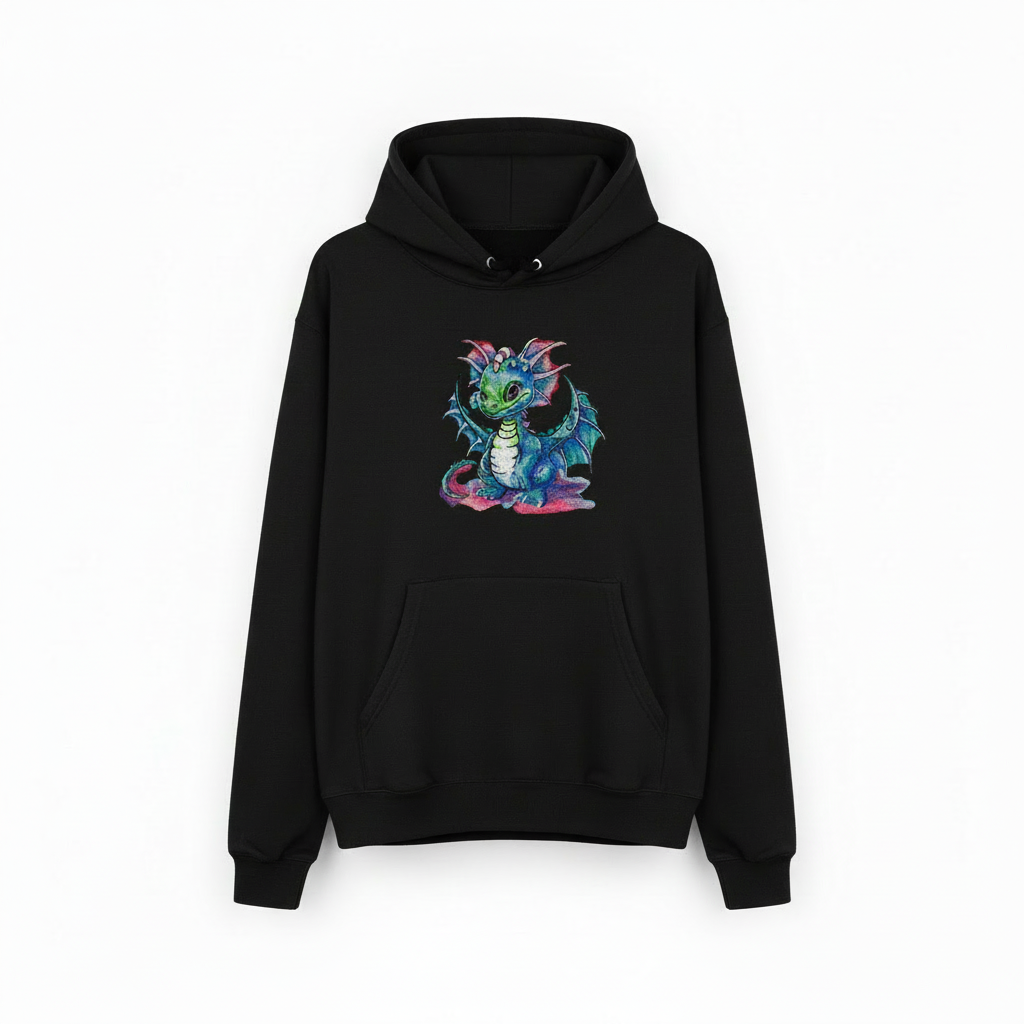Whimsical Blue Dragon Machine Embroidered Hoodie – Hand Finished in Dubai | EmbroMania