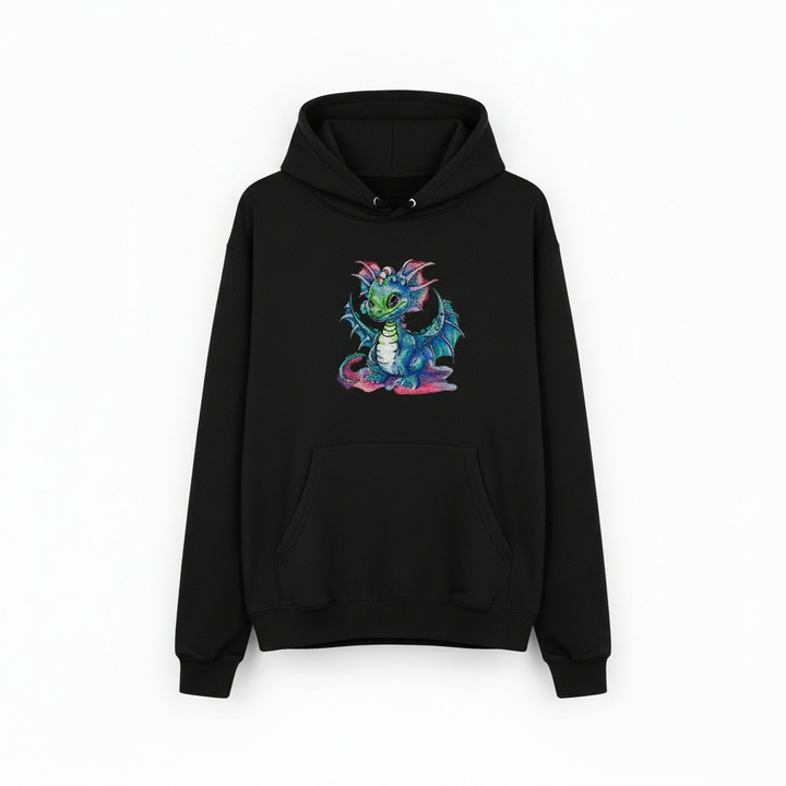 Whimsical Blue Dragon Machine Embroidered Hoodie – Hand Finished in Dubai | EmbroMania