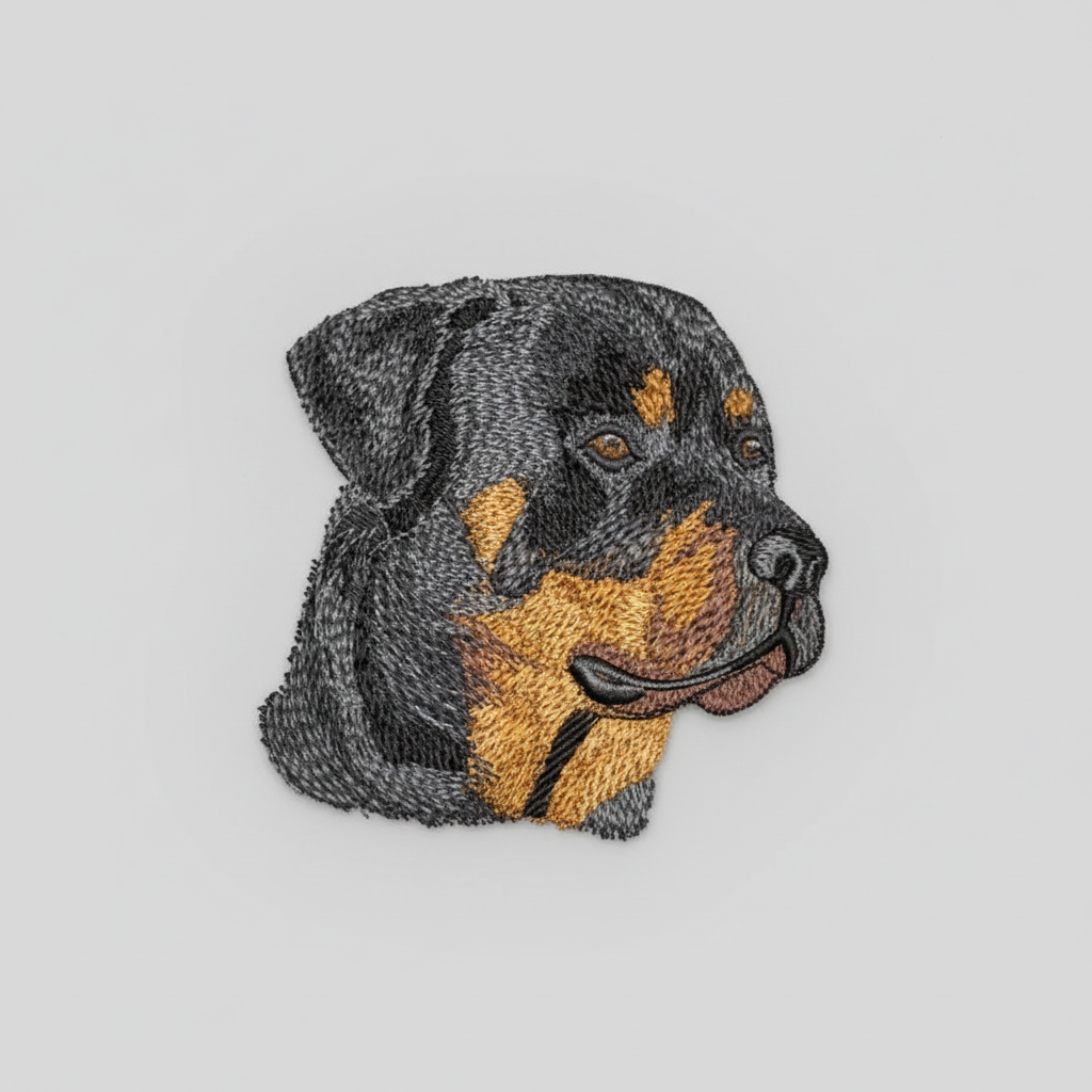 Realistic rottweiler embroidery patch featuring a detailed side-profile dog portrait with black coat and tan markings, stitched with textured thread shading on a light background, original EmbroMania artwork.