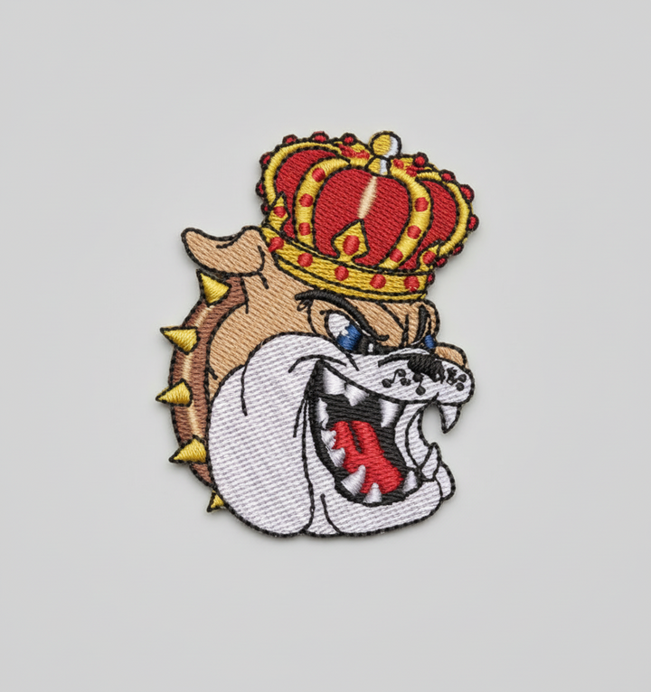 Crowned bulldog embroidery patch featuring a fierce cartoon bulldog head with bared teeth, red tongue, spiked collar, and a red-and-gold royal crown, stitched with bold black outline on a light background, original EmbroMania artwork.