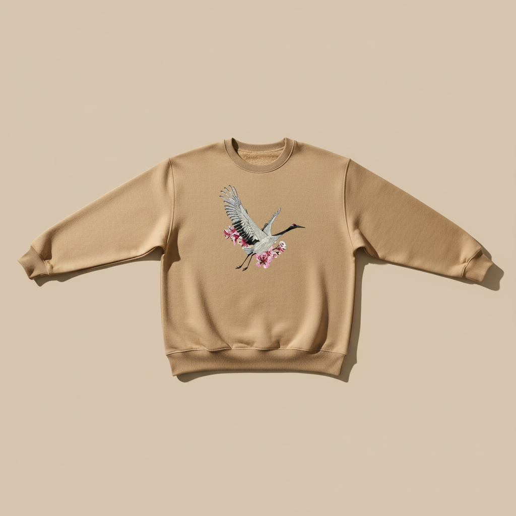 Sakura Crane — Premium Embroidered Unisex Crewneck | Original EmbroMania Design