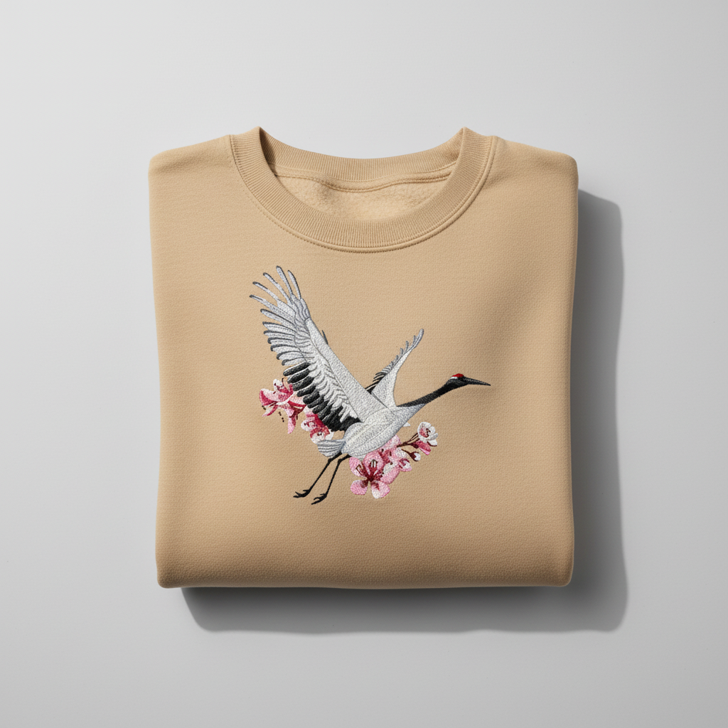 Sakura Crane — Premium Embroidered Unisex Crewneck | Original EmbroMania Design