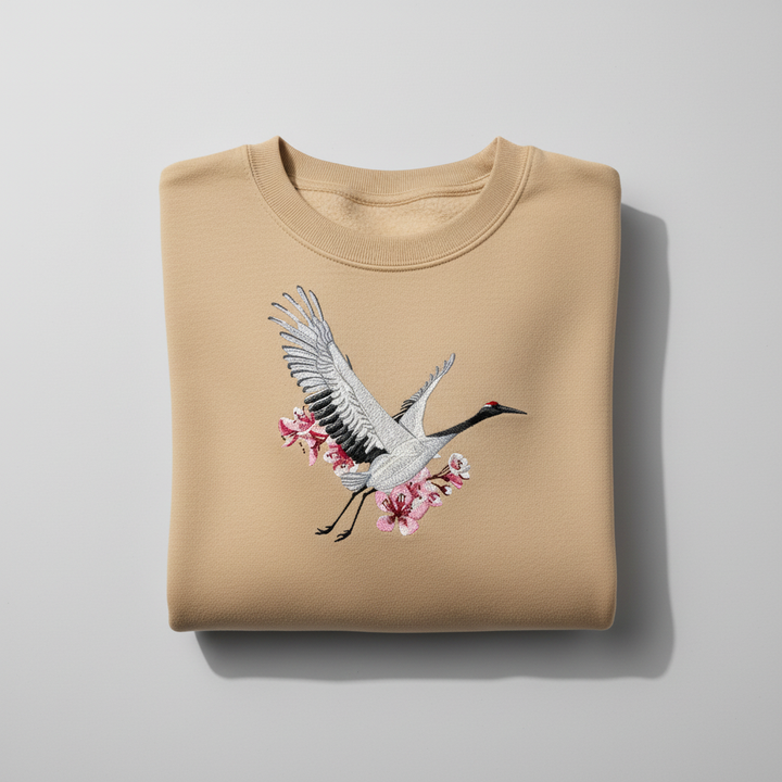 Sakura Crane — Premium Embroidered Unisex Crewneck | Original EmbroMania Design