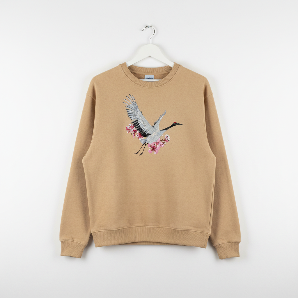 Sakura Crane — Premium Embroidered Unisex Crewneck | Original EmbroMania Design